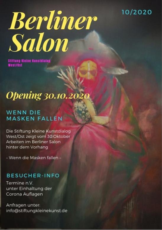 Plakat Berliner Salon 10/2020, Wenn die Masken fallen, mit einer Figur in rotem Umhang