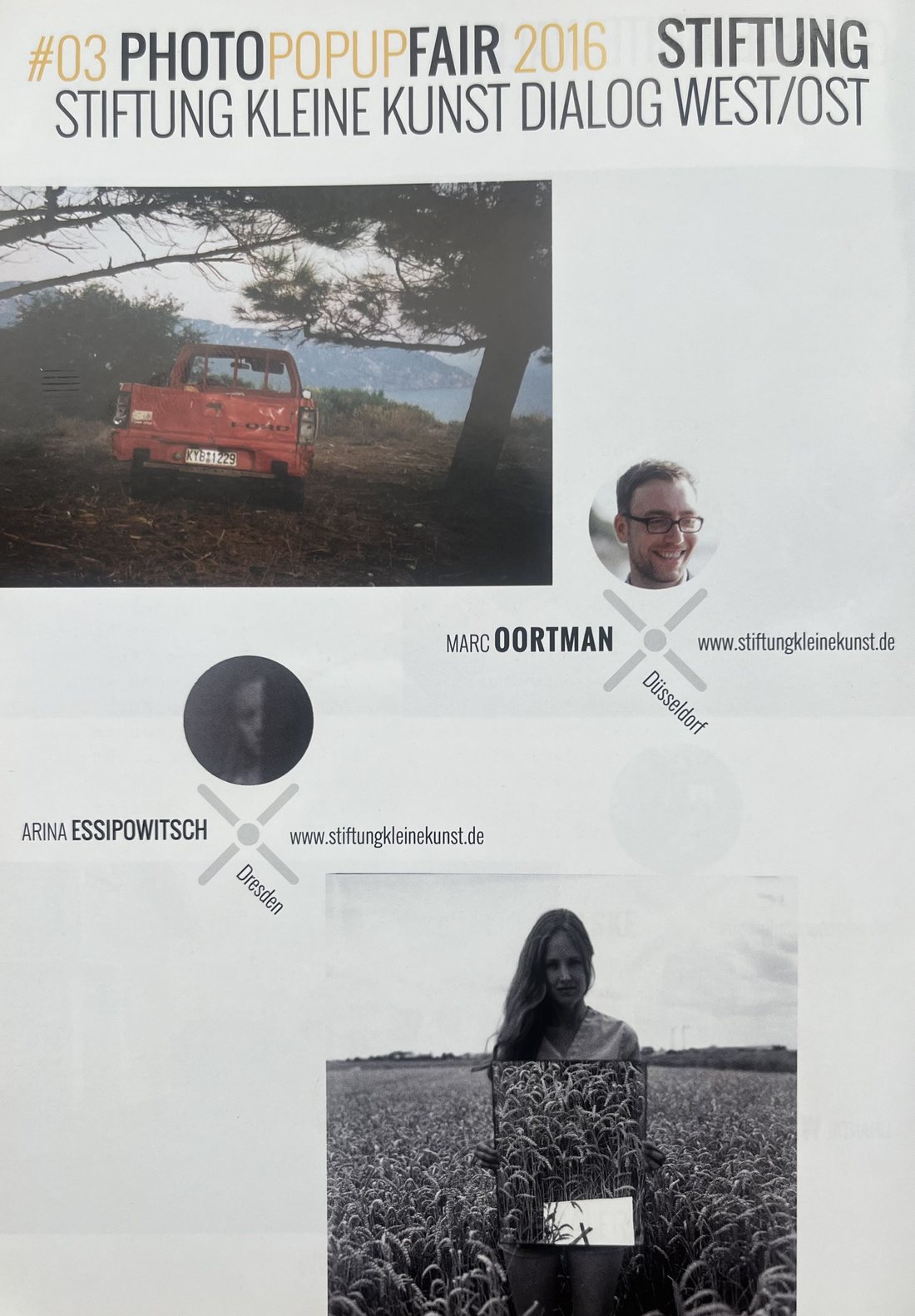 Ankündigungsblatt der PHOTOPOPUPFAIR 2016 mit Arbeiten von Marc Oortman und Arina Essipowitsch am Stand der Stiftung