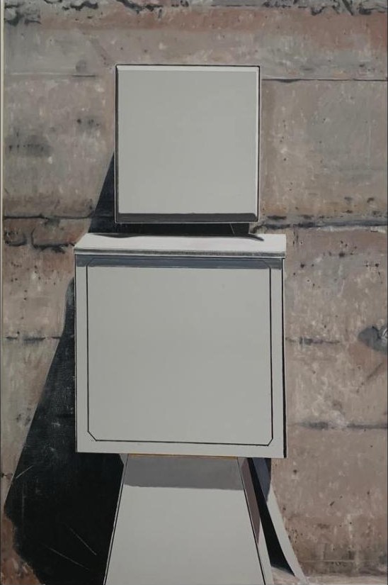 Eberhard Havekost, Elektrokasten, 2011: zwei gemalte helle Kästen übereinander vor einer rohen Betonwand